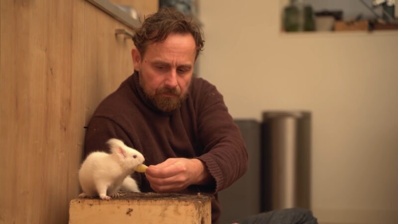 Man Feeding White Squirrel